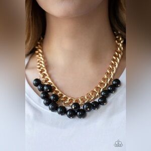 Paparazzi Bold Black & Gold Beaded Necklace Double Chained Mid-Length
